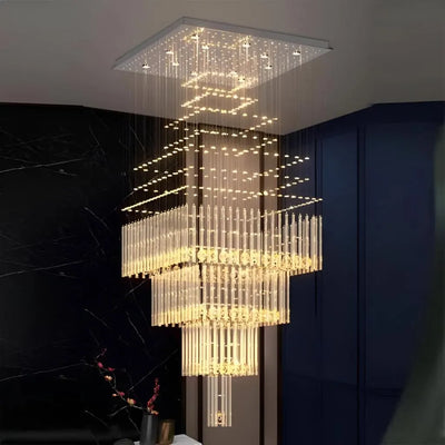 Lustre LED Cristal 80W FLORENTIA Or, Diamètre 50cm, Hauteur 200cm, Modèle Échelle