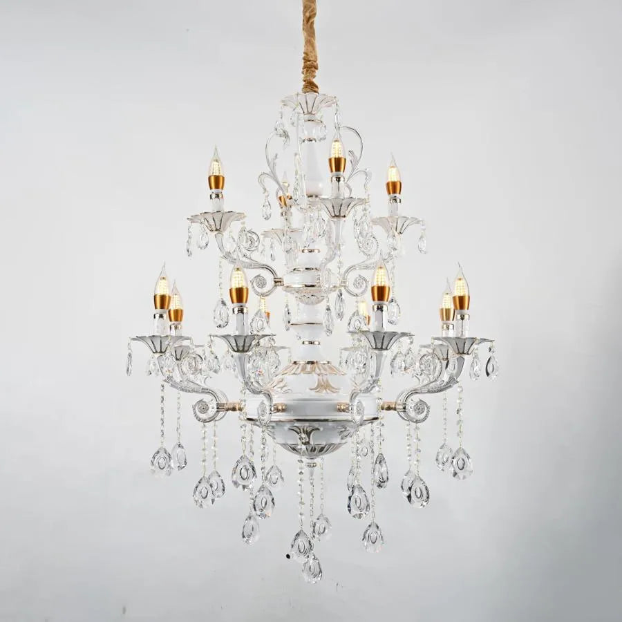 Lustre en cristal Bruhier 12x E14, diamètre 75 cm, blanc avec or, hauteur réglable