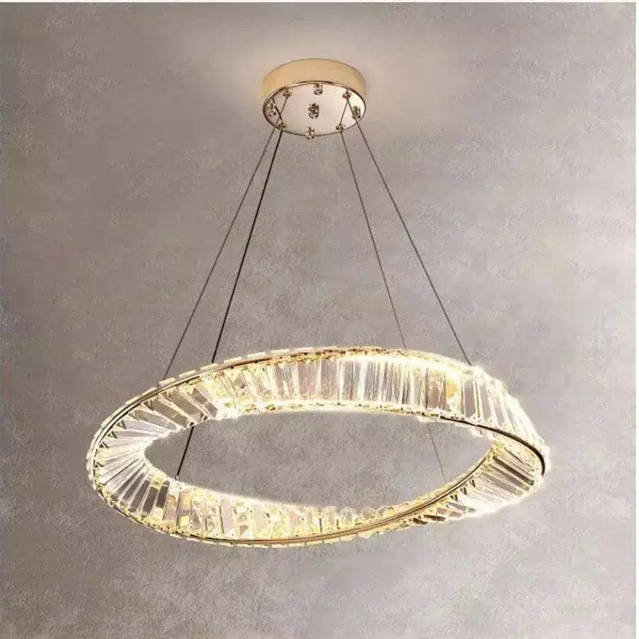 Lustre LED suspendu avec télécommande et cristal CAIRO 36W, 1 Cercle, Lumière Froid/Chaud/Neutre, Intensité Variable, Or Brillant, Hauteur Ajustable