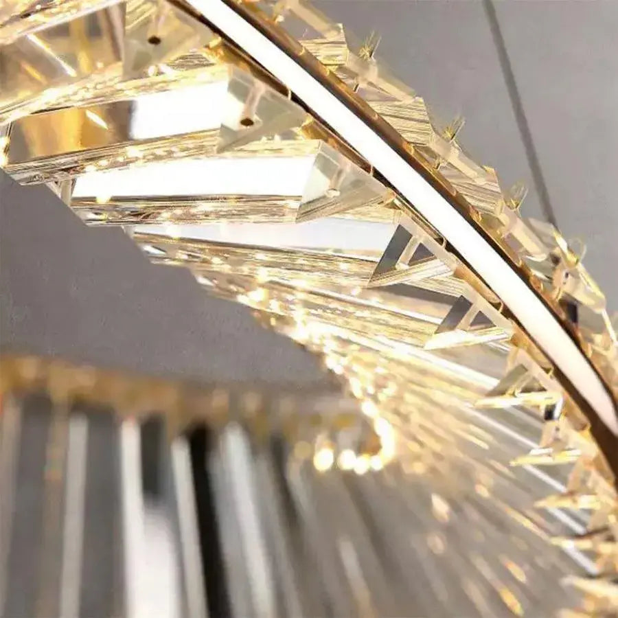 Lustre LED suspendu avec télécommande et cristal CAIRO 36W, 1 Cercle, Lumière Froid/Chaud/Neutre, Intensité Variable, Or Brillant, Hauteur Ajustable