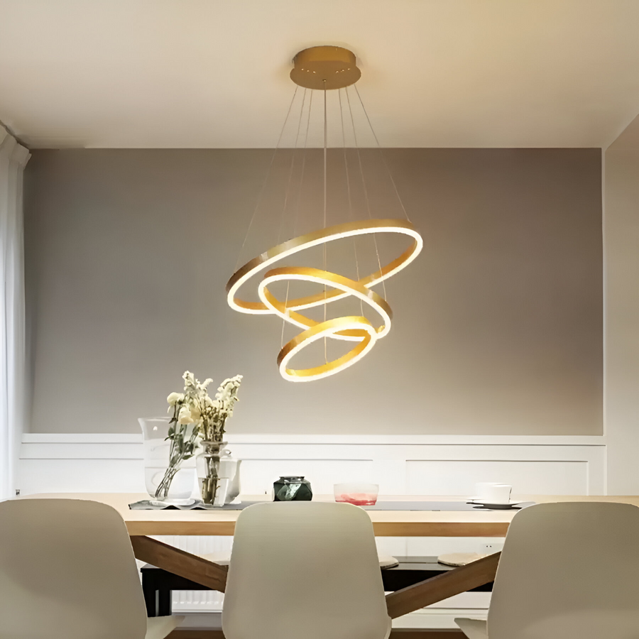 Lustre LED suspendu avec télécommande ELIZABETH, 85W, 3 Cercles, Lumière Froid/Chaud/Neutre, Dimmable, Or Brillant, Hauteur Réglable