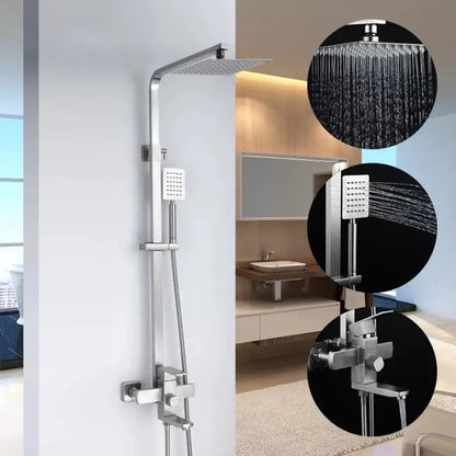 SET Colonne de douche avec robinet, Inox, poire carrée, effet pluie, 3 fonctions, fixation murale, Finition satinée, Accessoires inclus, LY005