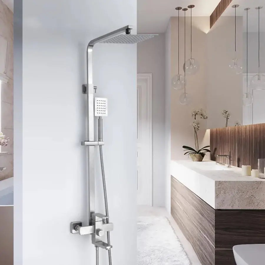 SET Colonne de douche avec robinet, Inox, poire carrée, effet pluie, 3 fonctions, fixation murale, Finition satinée, Accessoires inclus, LY005