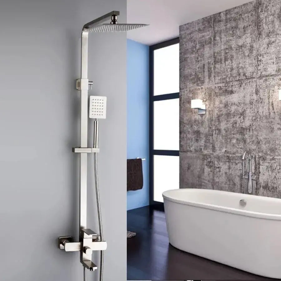 SET Colonne de douche avec robinet, Inox, poire carrée, effet pluie, 3 fonctions, fixation murale, Finition satinée, Accessoires inclus, LY005