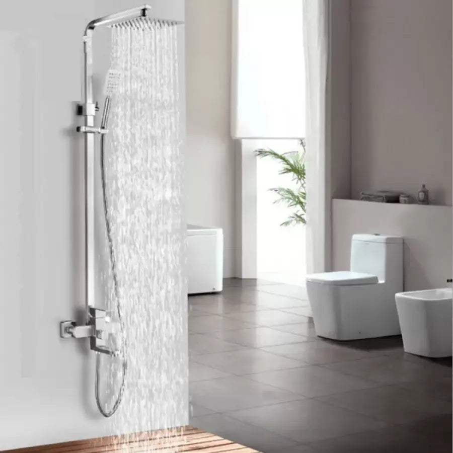 SET Colonne de douche avec robinet, Inox, poire carrée, effet pluie, 3 fonctions, fixation murale, Finition satinée, Accessoires inclus, LY005