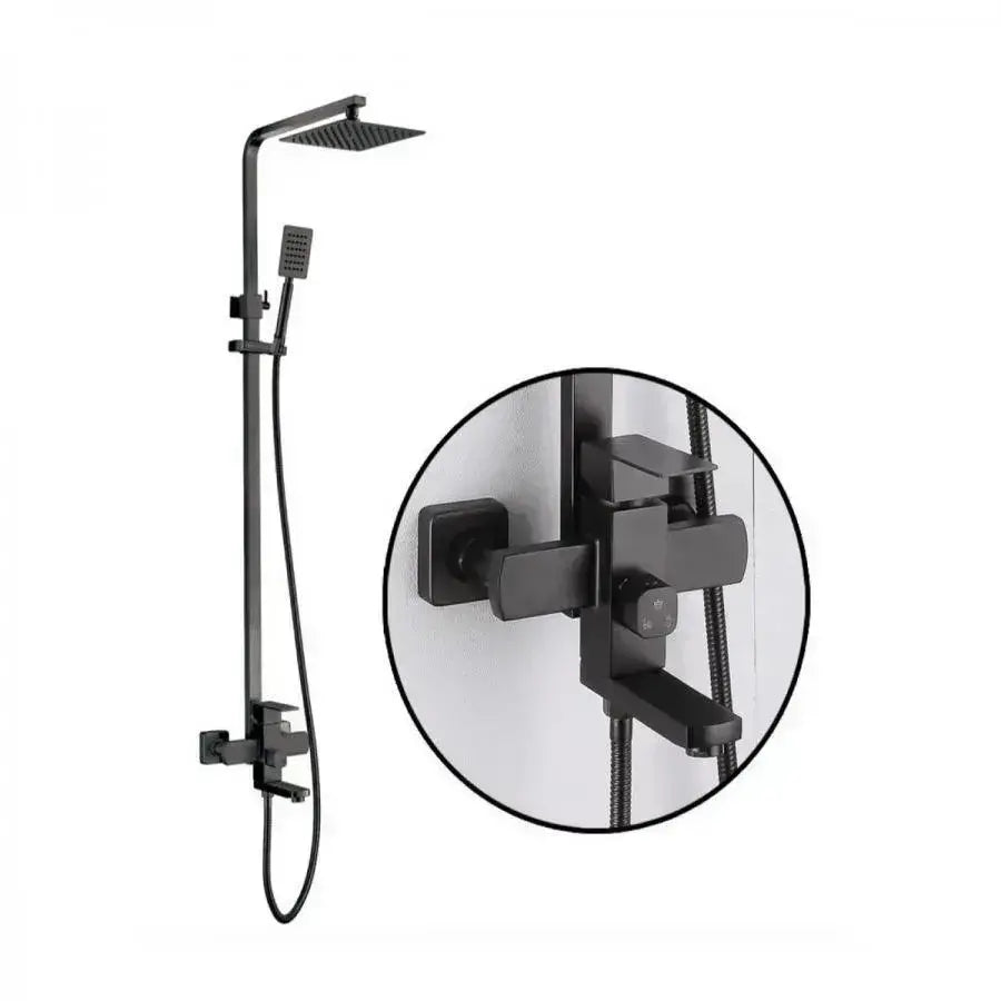 Colonne de douche, acier inoxydable, pluie carrée, effet pluie, 3 fonctions, fixation murale, noir satiné, accessoires inclus, HS007