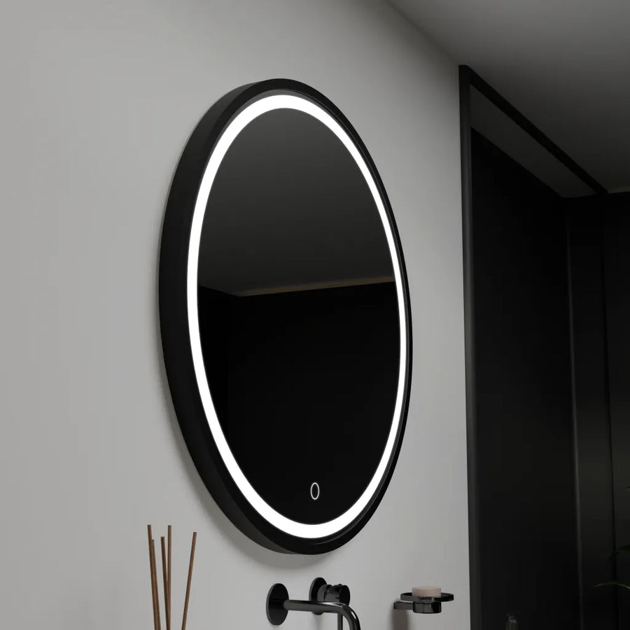 Miroir LED rond, 90 cm, cadre noir horizontal, Basic Touch
