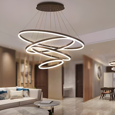 Lustre LED suspendu avec télécommande CASIANA 130W, 4 Cercles, Lumière Froid/Chaud/Neutre, Dimmable, Noir, Hauteur Réglable