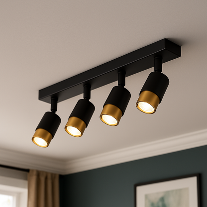 Projecteur LED avec 4 projecteurs GU10, or, métal et acrylique