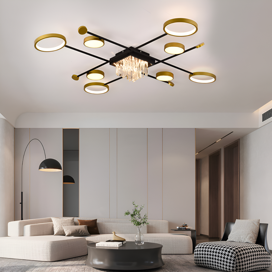 Lustre LED avec télécommande et cristal GUIDA 46W, 8 Éléments, Lumière Froide/Chaude/Neutre, Dimmable, Noir Or