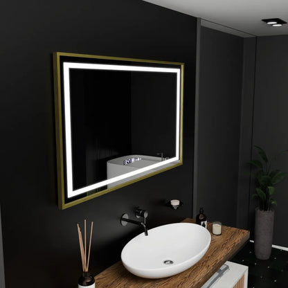 Miroir LED rectangulaire, 100 x 80 cm, Verite Royale Gold Motion Glow Marcello, système anti-buée, horloge et thermomètre, intensité variable