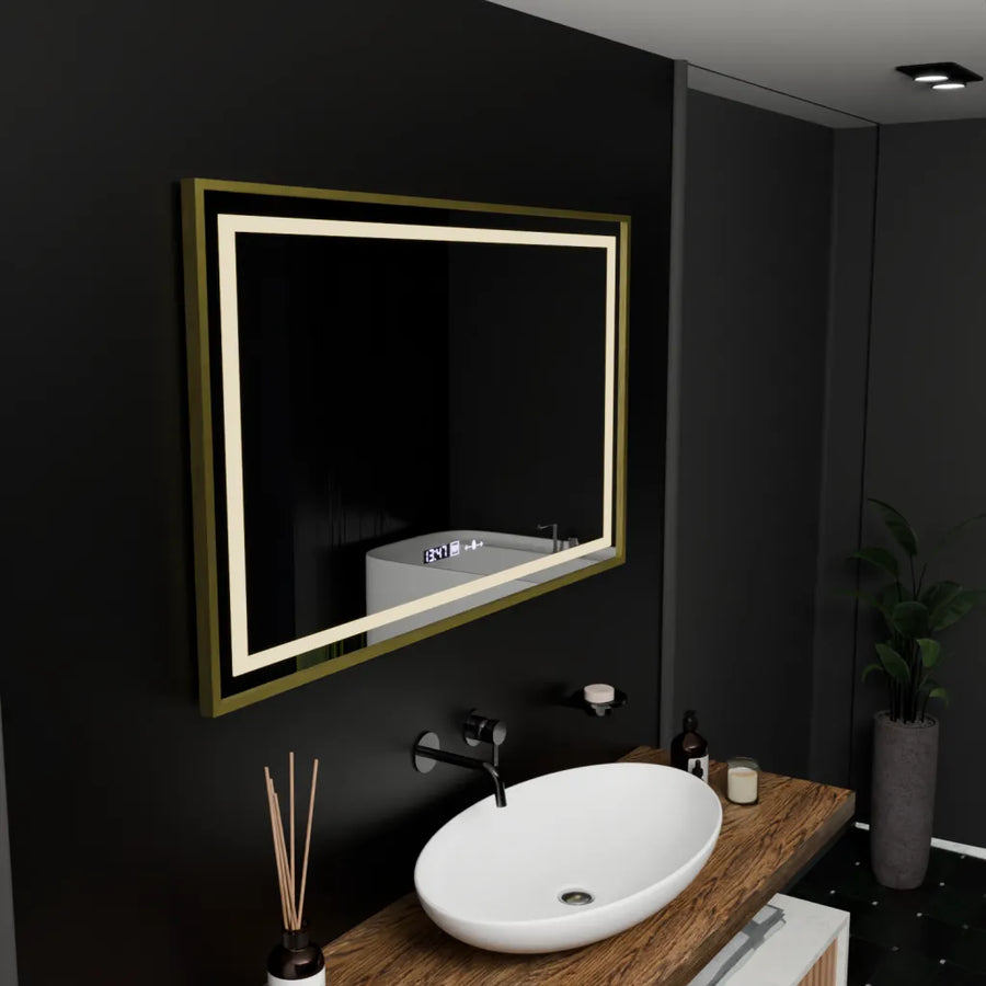 Miroir LED rectangulaire, 100 x 80 cm, Verite Royale Gold Motion Glow Marcello, système anti-buée, horloge et thermomètre, intensité variable