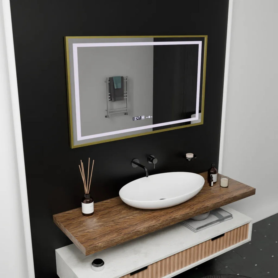 Miroir LED rectangulaire, 100 x 80 cm, Verite Royale Gold Motion Glow Marcello, système anti-buée, horloge et thermomètre, intensité variable