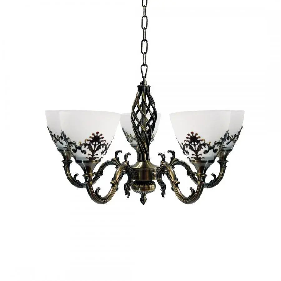 Lustre Rustique COTTAGE, 5*E27, Bronze Antique, Métal et Verre