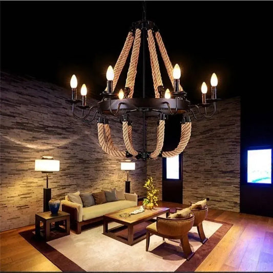 Lustre Circulaire, 8*E14, Noir, Métal et Corde