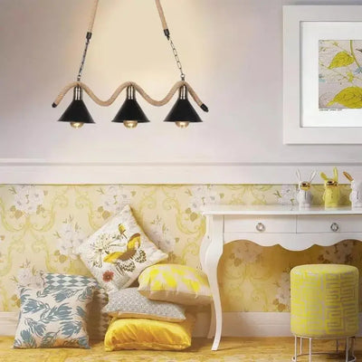 Lustre en corde, 3*E27, marron, métal et ficelle