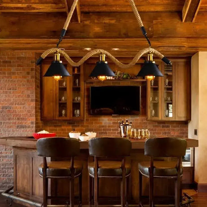 Lustre en corde, 3*E27, marron, métal et ficelle