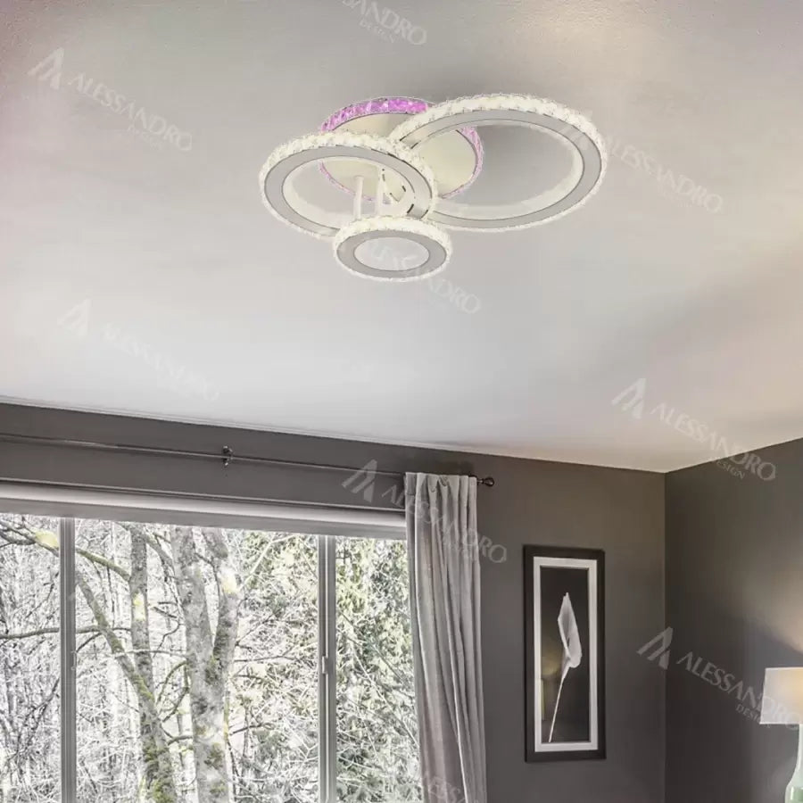 Lustre LED avec télécommande et cristal LEOCADIA RGB 134W, 3 Cercles, Lumière Froide/Chaude/Neutre, Dimmable, Blanc