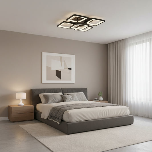 Lustre LED avec télécommande ZOE 65W, 5 carrés, Lumière Froid/Chaud/Neutre, Dimmable, Noir