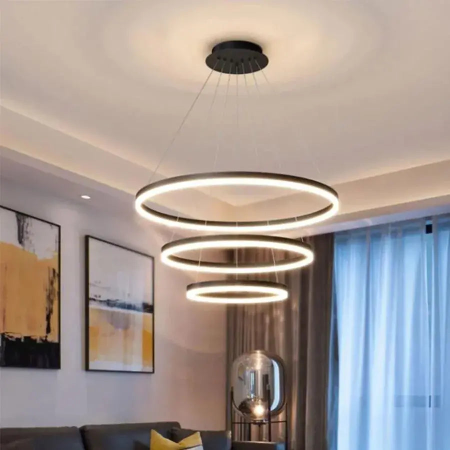 Lustre LED suspendu avec télécommande CASIANA 85W, 3 Cercles, Lumière Froide/Chaude/Neutre, Dimmable, Noir, Hauteur Réglable