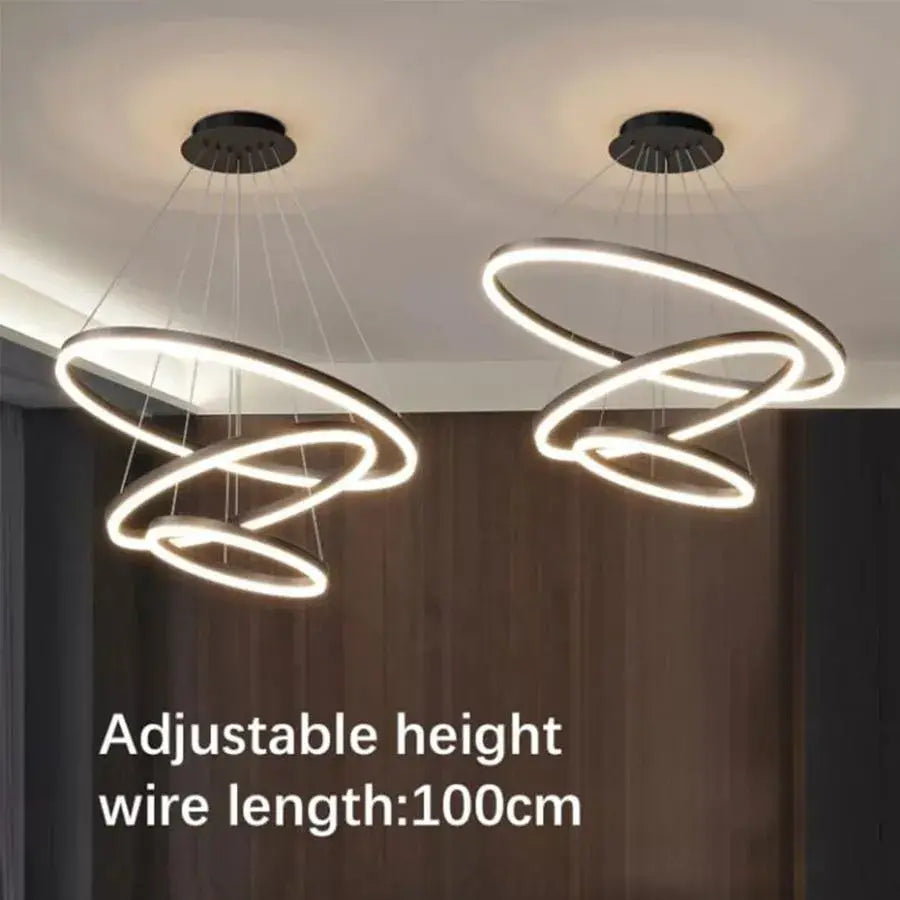 Lustre LED suspendu avec télécommande CASIANA 85W, 3 Cercles, Lumière Froide/Chaude/Neutre, Dimmable, Noir, Hauteur Réglable