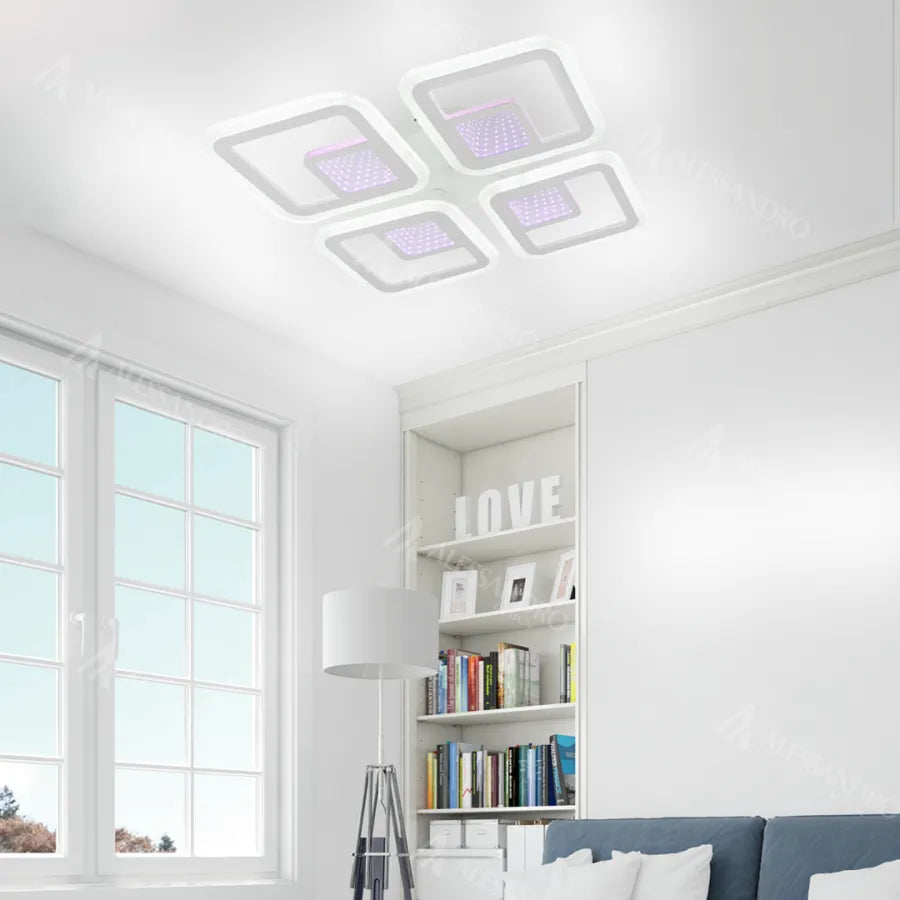 Lustre LED avec télécommande CHAI 3D 104W, 4 Carrés, Lumière Froide/Chaude/Neutre, Dimmable, Blanc
