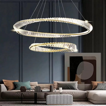 Lustre LED suspendu avec télécommande et cristal CAIRO 98W, 2 Cercles, Lumière Froid/Chaud/Neutre, Dimmable, Or Brillant, Hauteur Réglable