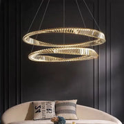 Lustre LED suspendu avec télécommande et cristal CAIRO 98W, 2 Cercles, Lumière Froid/Chaud/Neutre, Dimmable, Or Brillant, Hauteur Réglable