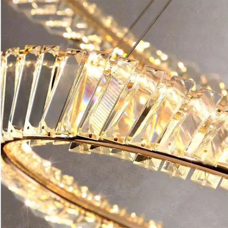 Lustre LED suspendu avec télécommande et cristal CAIRO 98W, 2 Cercles, Lumière Froid/Chaud/Neutre, Dimmable, Or Brillant, Hauteur Réglable