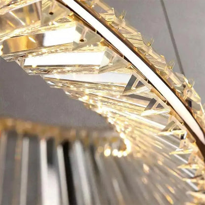 Lustre LED suspendu avec télécommande et cristal CAIRO 98W, 2 Cercles, Lumière Froid/Chaud/Neutre, Dimmable, Or Brillant, Hauteur Réglable