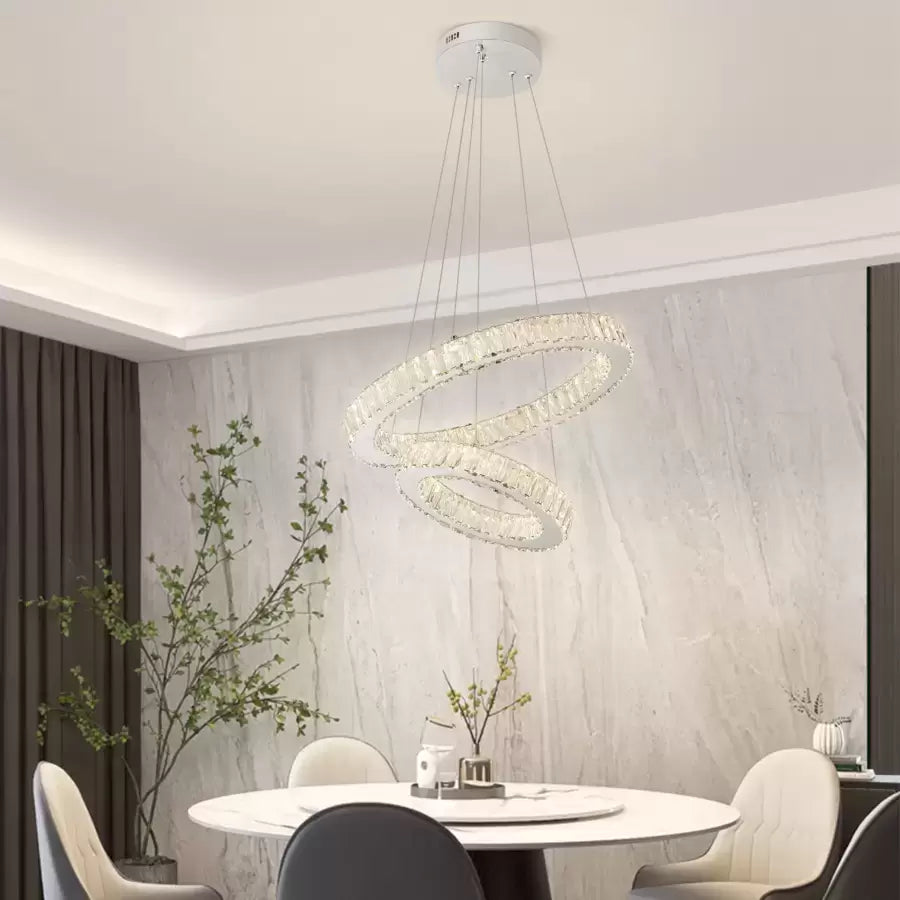 Lustre LED suspendu avec télécommande et cristal CANAAN 80W, 2 Cercles, Lumière Froid/Chaud/Neutre, Dimmable, Chrome Brillant, Hauteur Réglable