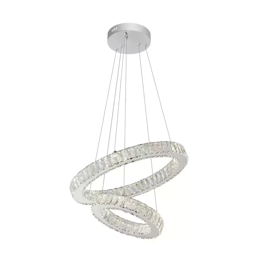 Lustre LED suspendu avec télécommande et cristal CANAAN 80W, 2 Cercles, Lumière Froid/Chaud/Neutre, Dimmable, Chrome Brillant, Hauteur Réglable