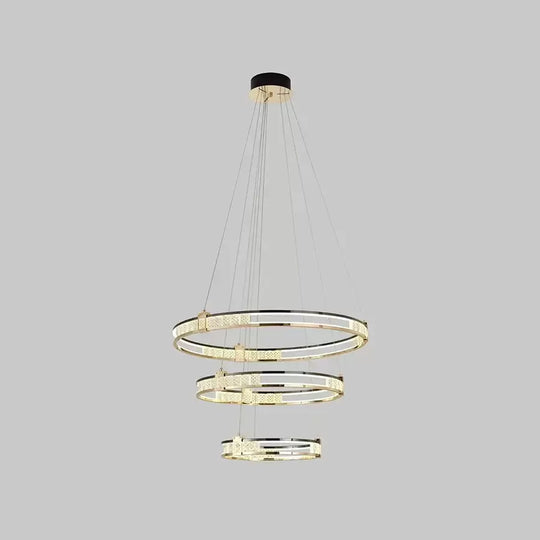 Lustre LED suspendu avec télécommande et cristal ROGER 150W, 3 Cercles, Lumière Froide/Chaude/Neutre, Dimmable, Or Brillant, Lustres LED en Cristal réglables en hauteur Titre par défaut Alessandro Design