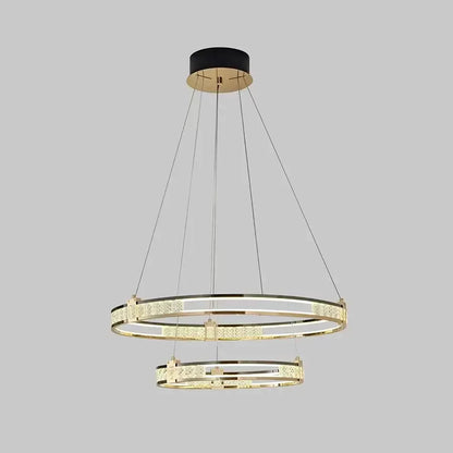 Lustre LED suspendu avec télécommande et cristal ROGER 100W, 2 Cercles, Lumière Froid/Chaud/Neutre, Dimmable, Or Brillant, Hauteur Réglable