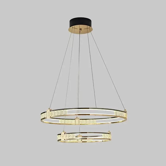 Lustre LED suspendu avec télécommande et cristal ROGER 100W, 2 Cercles, Lumière Froide/Chaude/Neutre, Gradable, Or Brillant, Lustres LED en Cristal réglables en hauteur Titre par défaut Alessandro Design