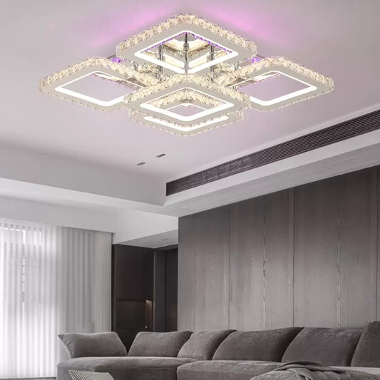 Lustre LED avec télécommande en cristal QUADRIA SUPREMO RGB, 143W, 5 Carrés, Lumière Froid/Chaud/Neutre, Dimmable, Chrome Brillant