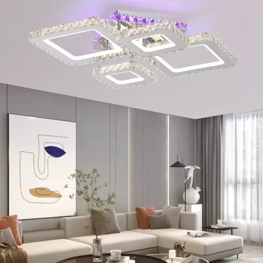 Lustre LED avec télécommande et cristal NOVA RHOMBA RGB 95W, 4 Carrés, Lumière Froid/Chaud/Neutre, Dimmable, Chrome Brillant