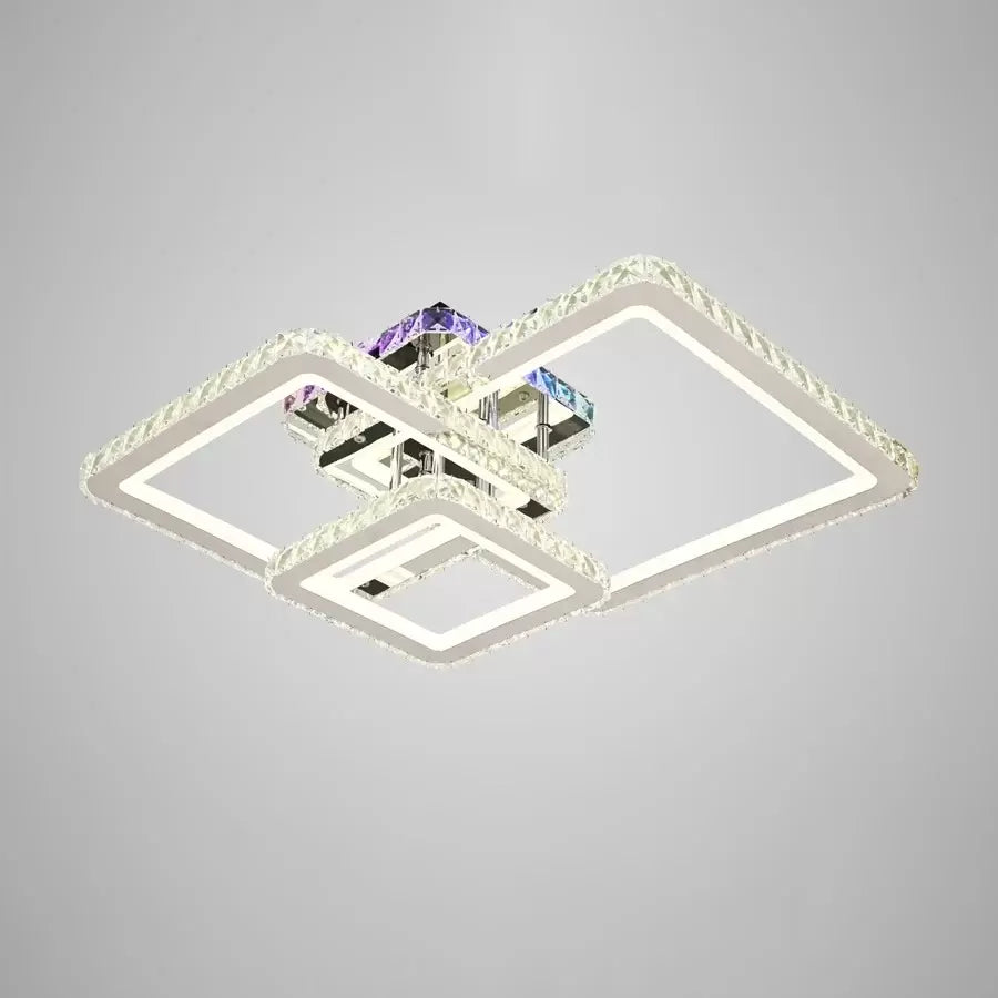 Lustre LED avec télécommande et cristal JUSTIN RGB 106W, 3 Carrés, Lumière Froid/Chaud/Neutre, Dimmable, Chrome Brillant