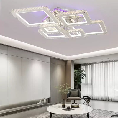 Lustre LED avec télécommande et cristal NOVA RHOMBA RGB 168W, 6 Carrés, Lumière Froid/Chaud/Neutre, Dimmable, Chrome Brillant