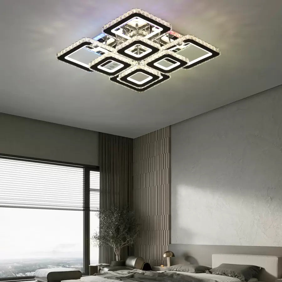 Lustre LED avec télécommande et cristal QUADRIA SUPREMO RGB 168W, 8 Carrés, Lumière Froid/Chaud/Neutre, Dimmable, Chrome Brillant