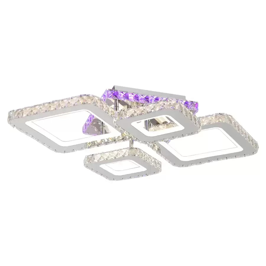 Lustre LED avec télécommande et cristal NOVA RHOMBA RGB 95W, 4 Carrés, Lumière Froid/Chaud/Neutre, Dimmable, Chrome Brillant