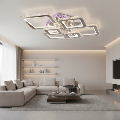Lustre LED avec télécommande et cristal NOVA RHOMBA RGB 168W, 6 Carrés, Lumière Froid/Chaud/Neutre, Dimmable, Chrome Brillant