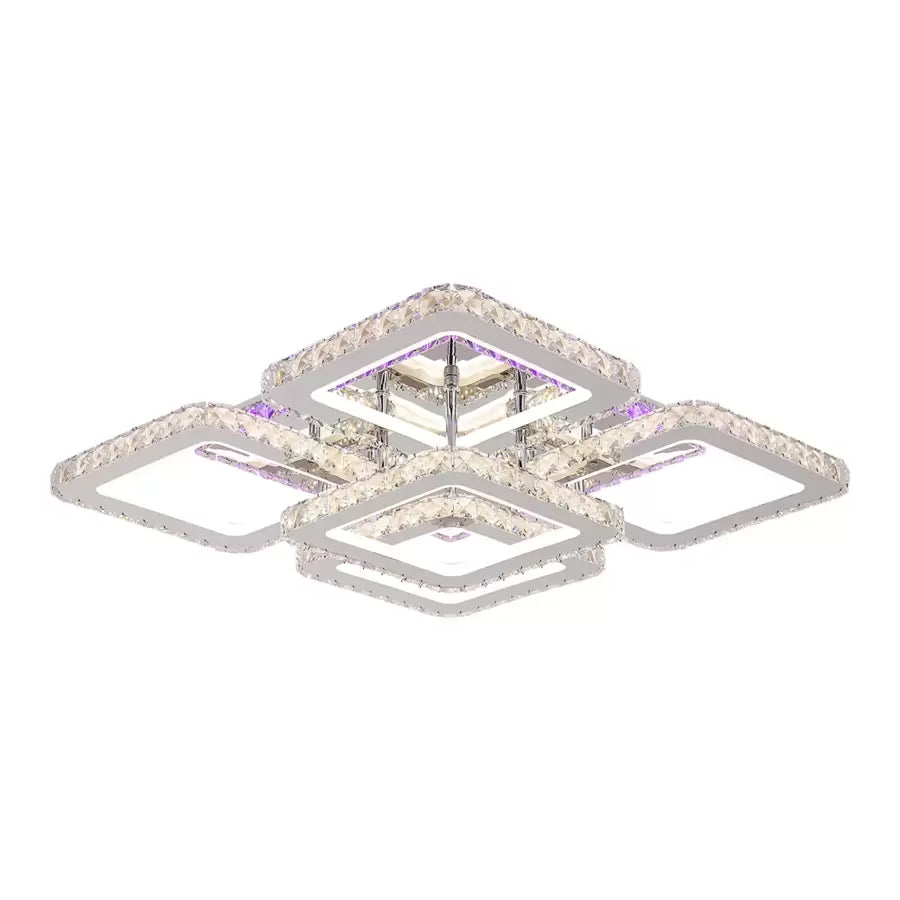 Lustre LED avec télécommande en cristal QUADRIA SUPREMO RGB, 143W, 5 Carrés, Lumière Froid/Chaud/Neutre, Dimmable, Chrome Brillant