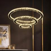 Lustre LED suspendu avec télécommande et cristal PRISM LUMINIS 78W, 3 Cercles, Lumière Froid/Chaud/Neutre, Dimmable, Argent, Hauteur Réglable