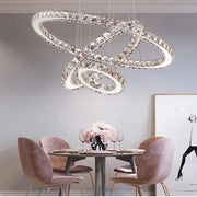 Lustre LED suspendu avec télécommande et cristal PRISM LUMINIS 78W, 3 Cercles, Lumière Froid/Chaud/Neutre, Dimmable, Argent, Hauteur Réglable