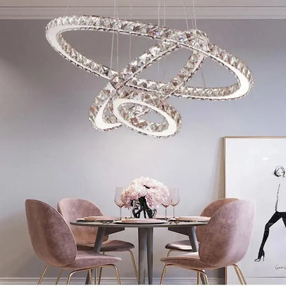 Lustre LED suspendu avec télécommande et cristal PRISM LUMINIS 78W, 3 Cercles, Lumière Froid/Chaud/Neutre, Dimmable, Argent, Hauteur Réglable