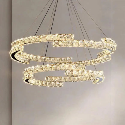 Lustre LED suspendu avec télécommande et cristal MIA LATIFAH 55W, 2 Cercles, Lumière Froid/Chaud/Neutre, Dimmable, Chrome Brillant, Hauteur Réglable