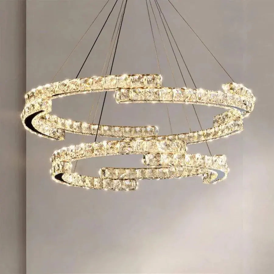 Lustre LED suspendu avec télécommande et cristal MIA LATIFAH 55W, 2 Cercles, Lumière Froid/Chaud/Neutre, Dimmable, Chrome Brillant, Hauteur Réglable