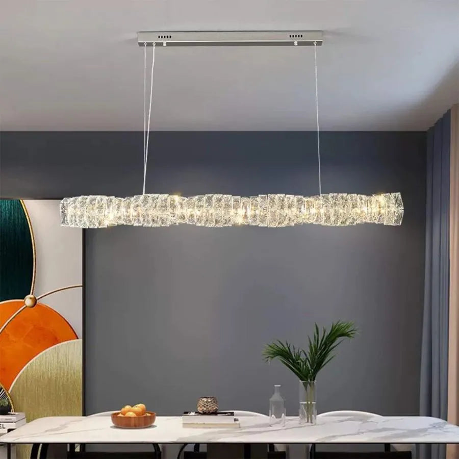 Lustre LED suspendu avec télécommande et cristal SEHRAZAT 38W, Linéaire, Lumière Froid/Chaud/Neutre, Dimmable, Chrome Brillant, Hauteur réglable