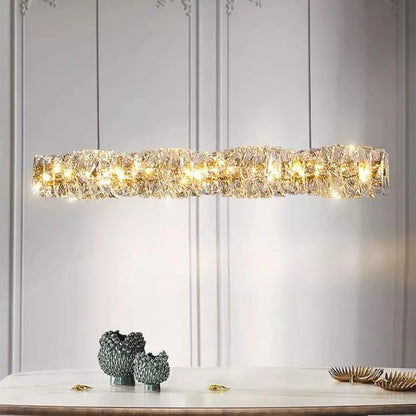 Lustre LED suspendu avec télécommande et cristal SEHRAZAT 38W, Linéaire, Lumière Froid/Chaud/Neutre, Dimmable, Chrome Brillant, Hauteur réglable